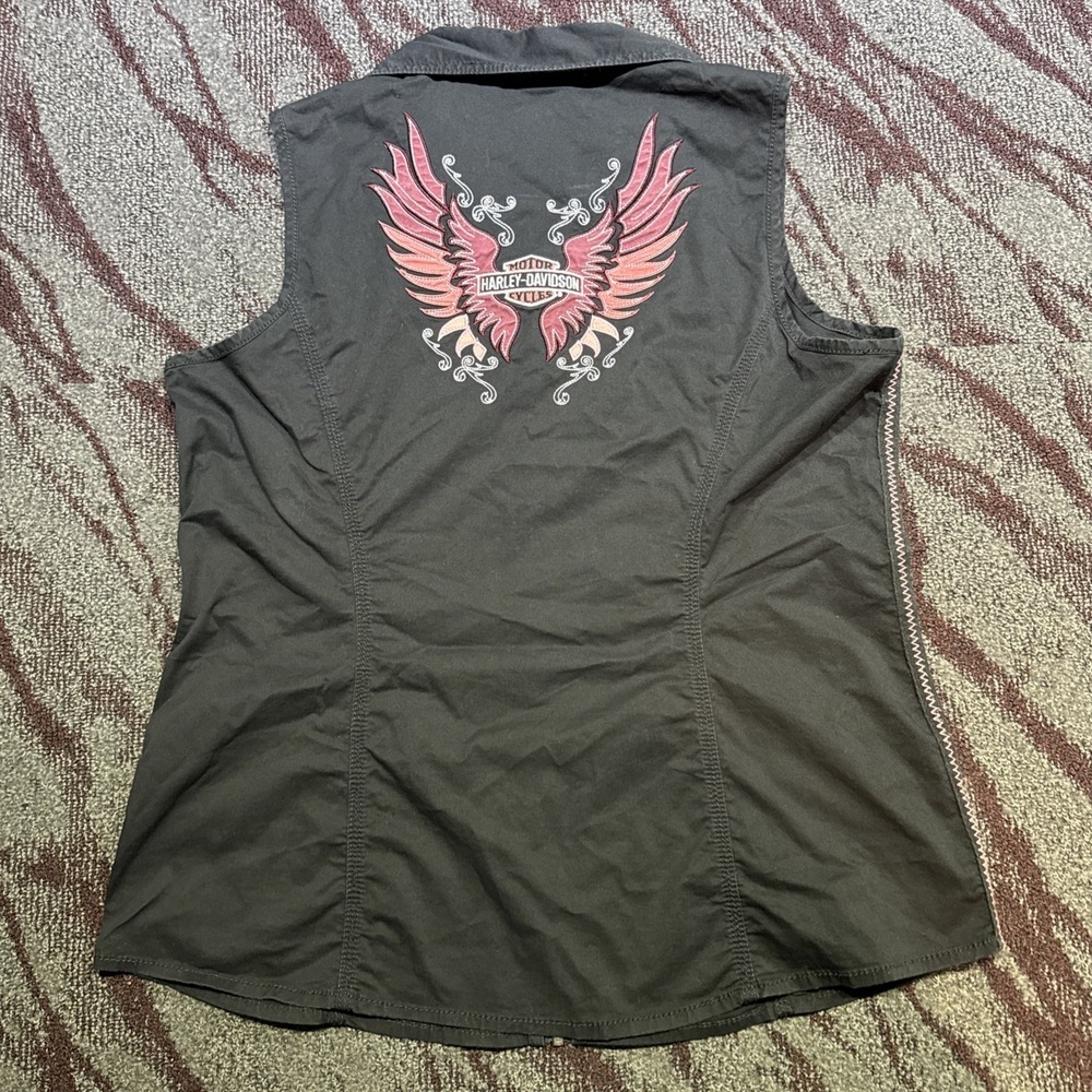 Harley Davidson Womens Black And Pink Jacket Vest Biker Sz XL Embroidered Logo - Picture 6 of 7